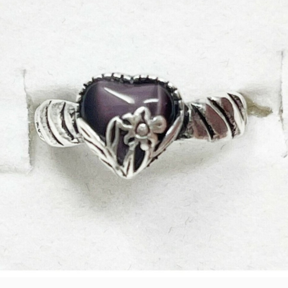 VTG 925 Sterling Silver Dark Purple Stone Heart Floral Ring Size 6 Marked DGS
